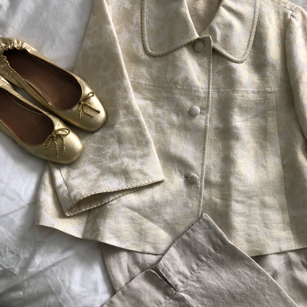 Lilly Pulitzer linen jacket with gold stitching.